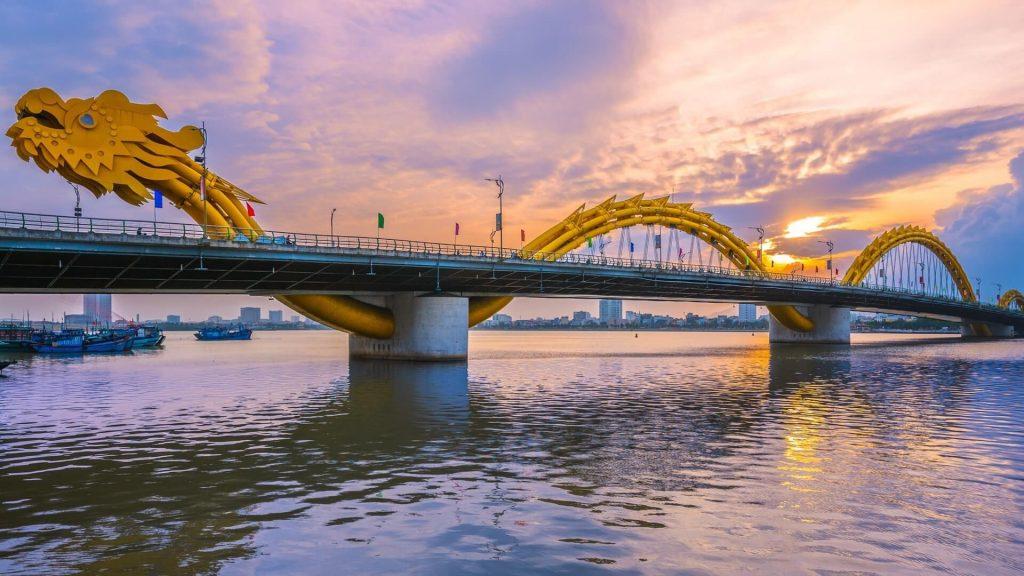 Da Nang Dragon Bridge illuminated at night - a famous landmark in Da Nang city