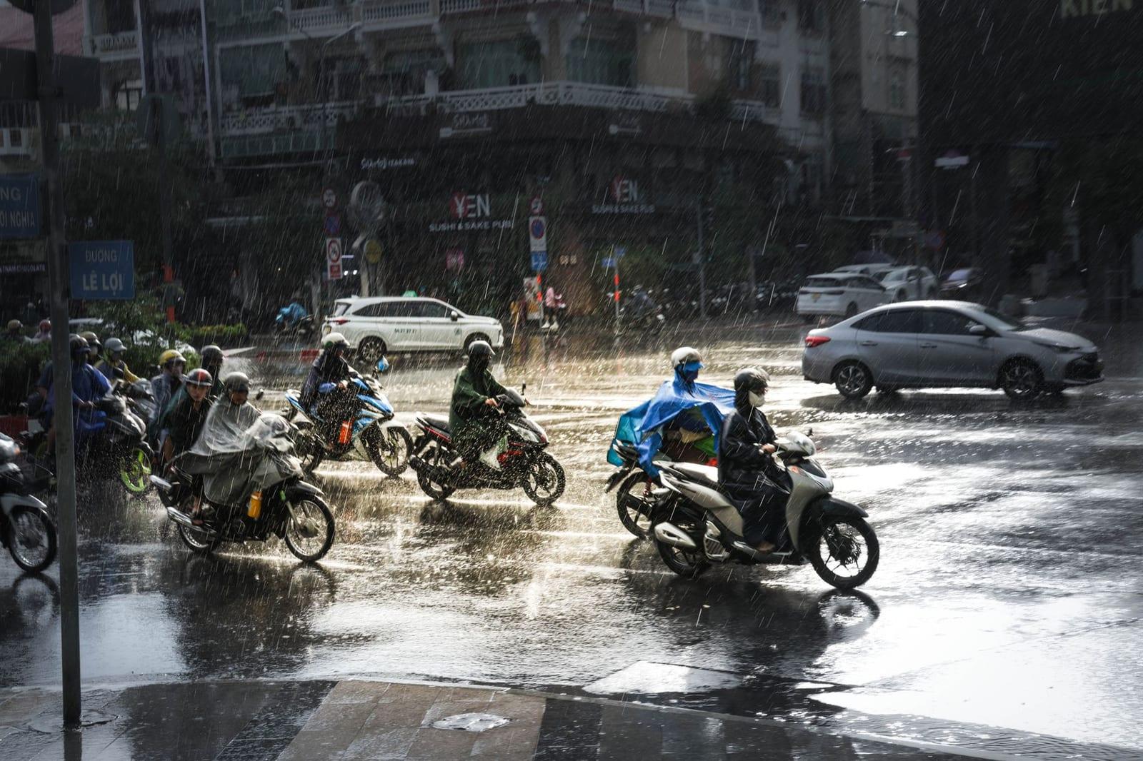 Heavy tropical rain on a Vietnamese street during the wet season