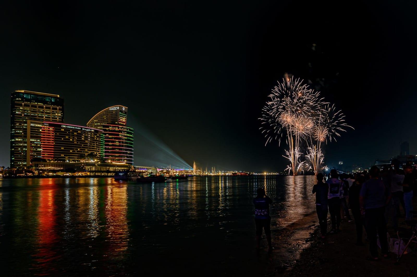 Fireworks lighting up the night sky over a riverside city
